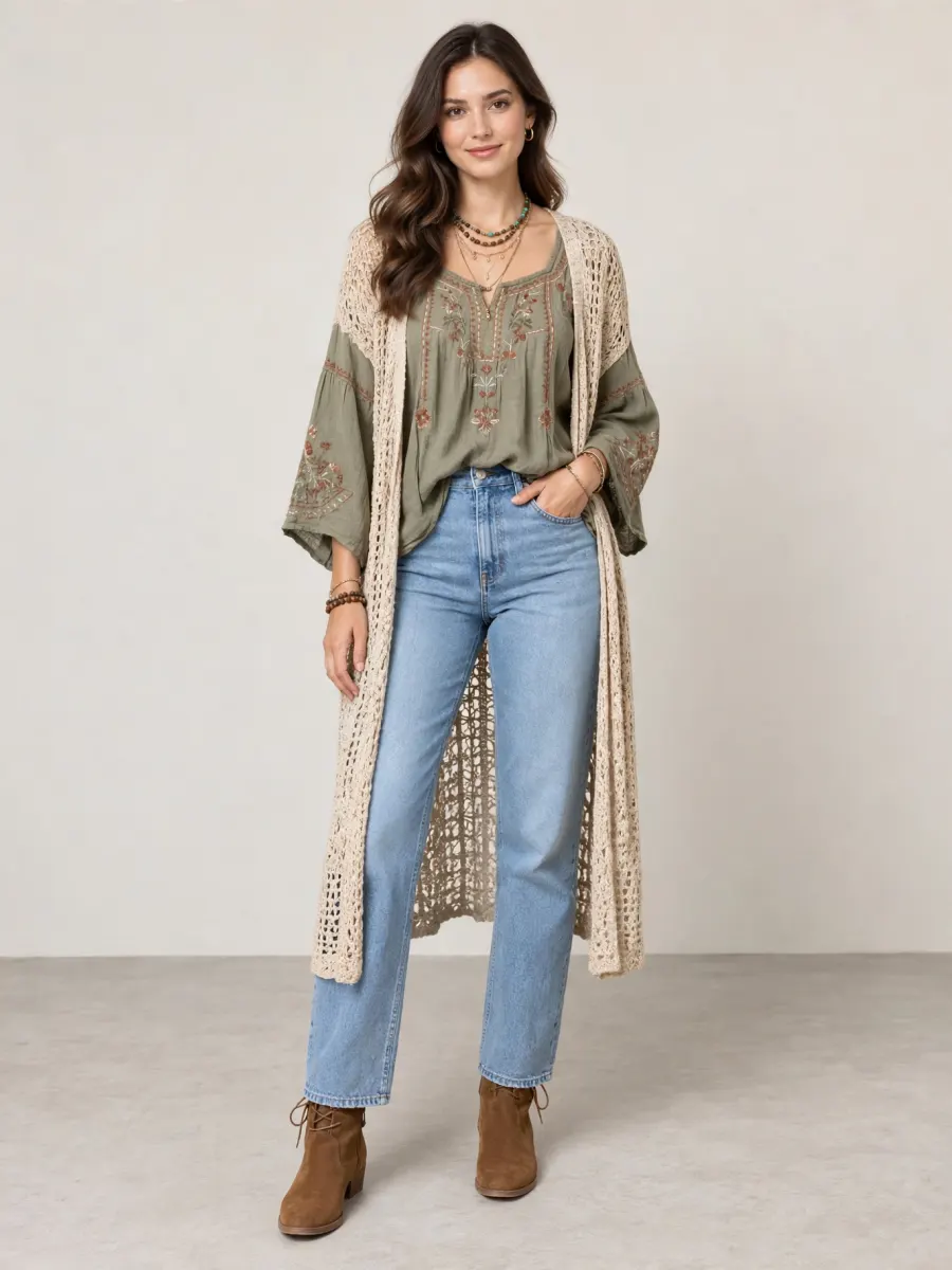 The same woman in a sage embroidered blouse, a long cream crochet cardigan, layered necklaces, light jeans and tan suede boots