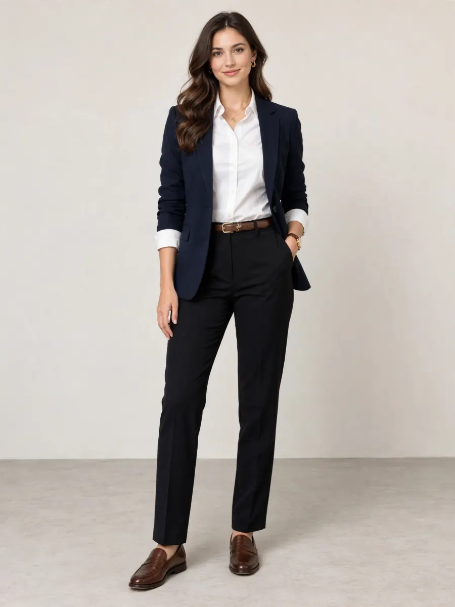 The same woman in a navy blazer, white shirt, black trousers with a brown belt, and brown loafers