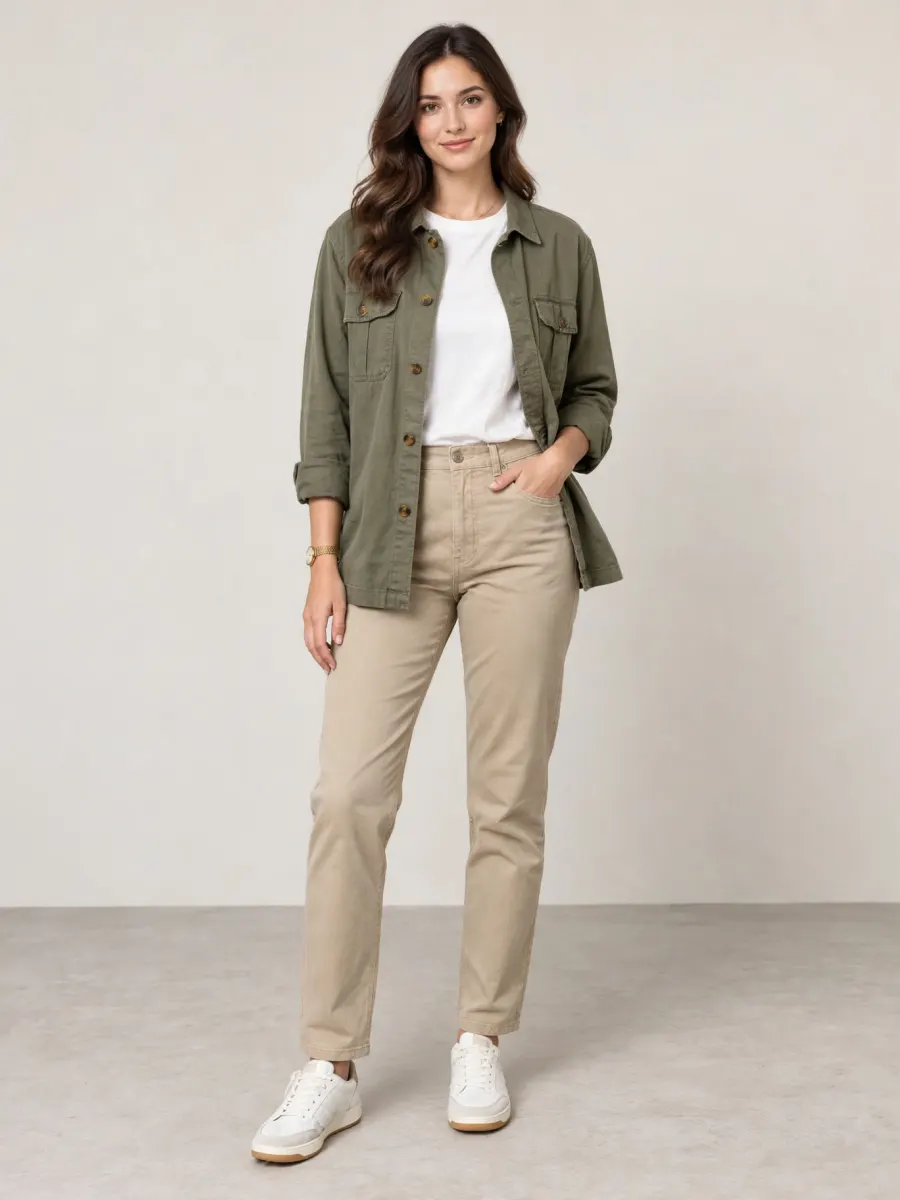 The same woman in an olive utility shirt over a white tee, beige pants and white sneakers