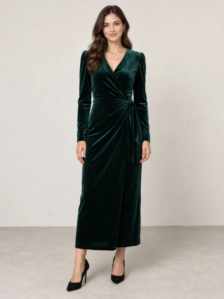 The same woman in a long dark green velvet wrap dress and black heels