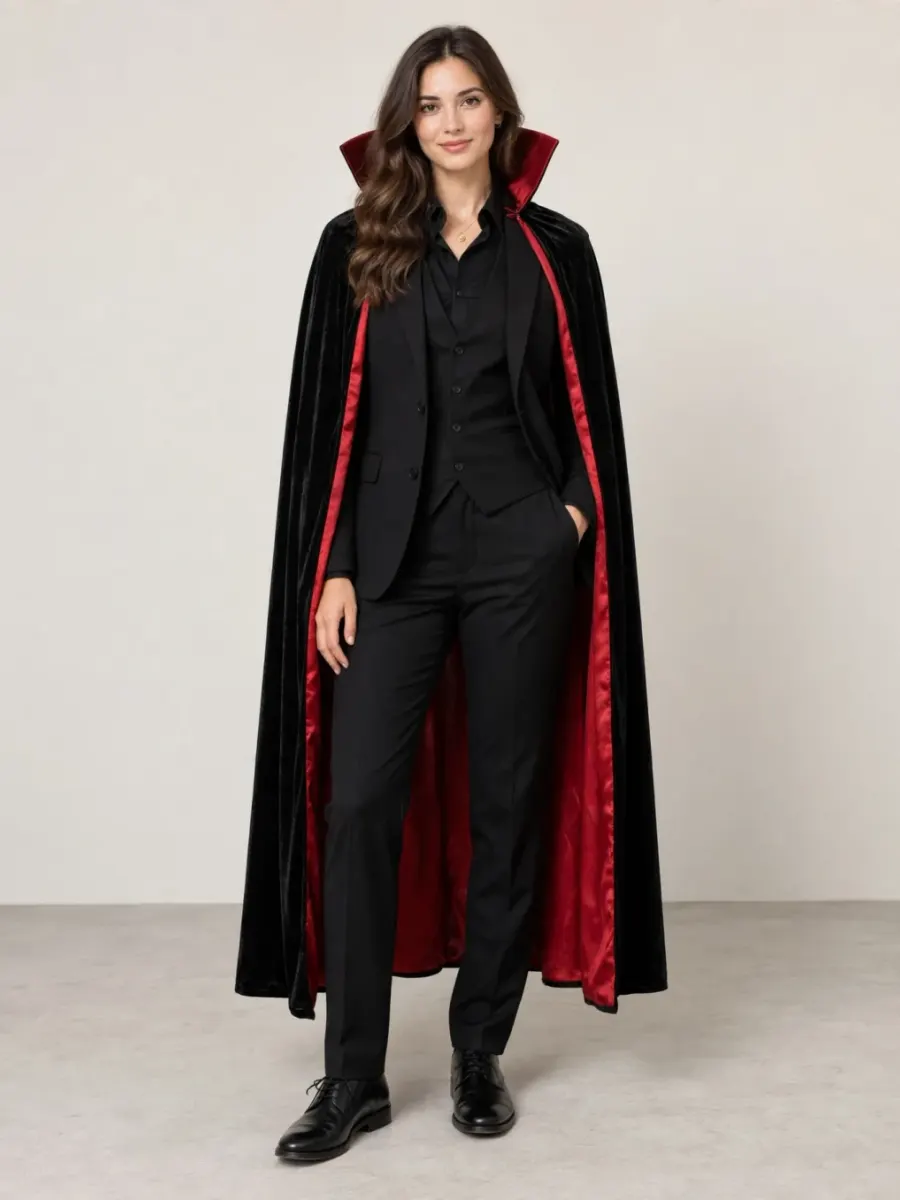 The same woman as a vampire: a high-collared black velvet cape lined in red over a black suit and shirt, with black shoes
