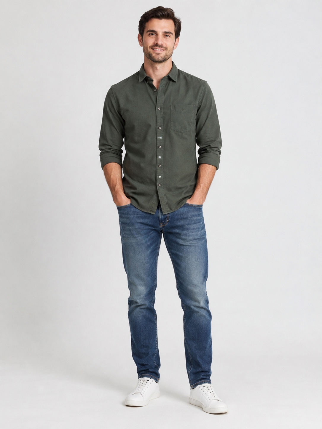 The uploaded photo: a man in a dark green shirt, blue jeans and white sneakers