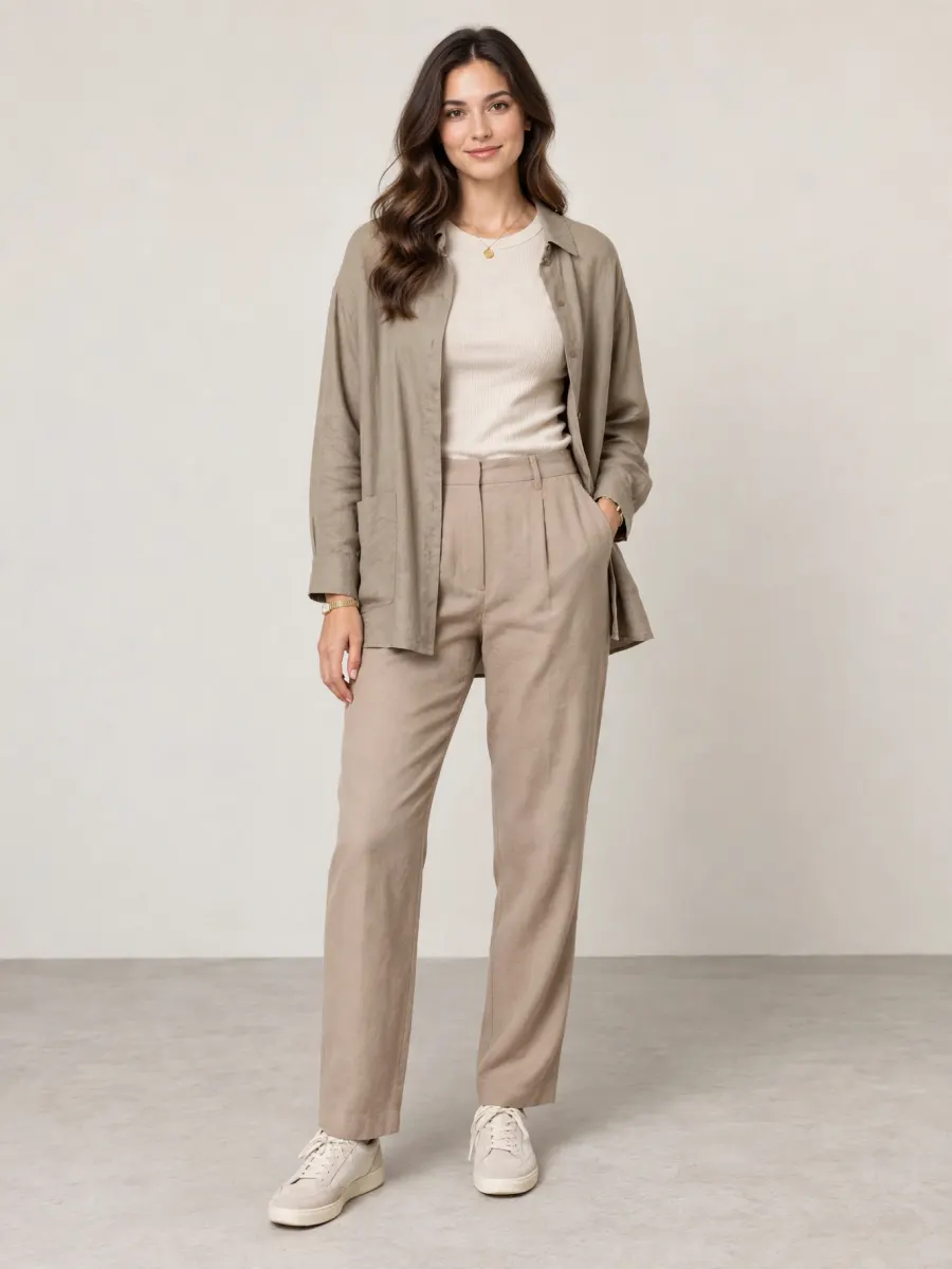 The same woman in a taupe linen overshirt, cream top, pleated taupe trousers and white sneakers