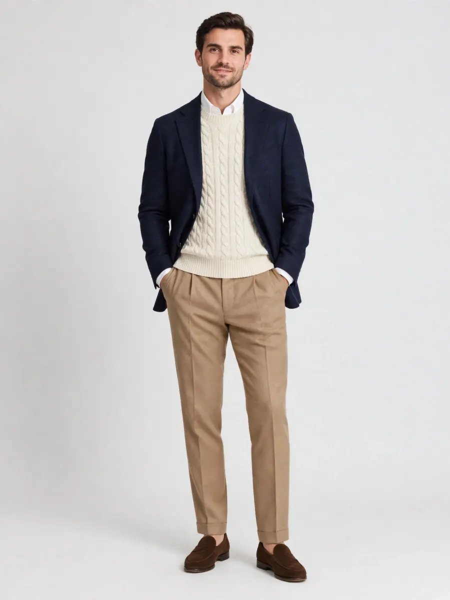 The same man in a navy blazer over a cream cable-knit sweater and white shirt, pleated camel trousers and brown suede loafers