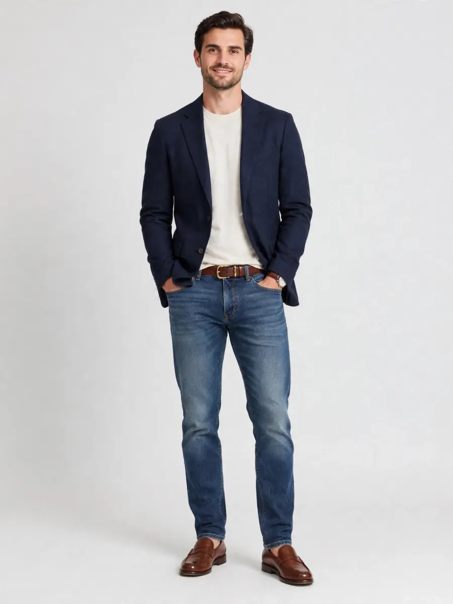 The same man in a navy blazer over a cream tee, blue jeans and brown loafers